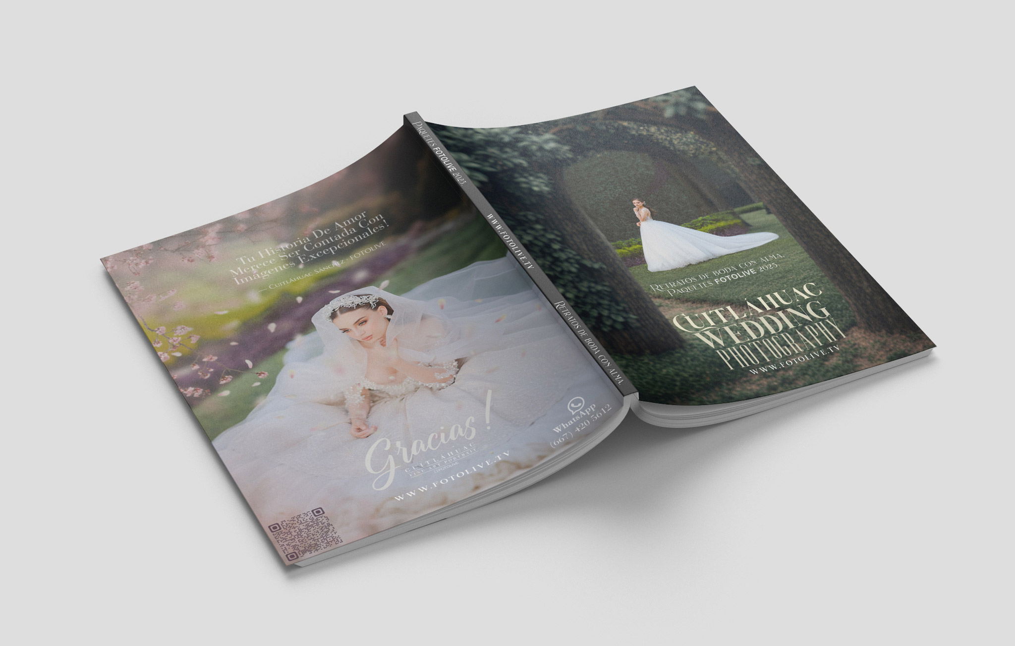 Imagen de portada, ilustra una revista abierta mostrando portada y contraportada de los Paquetes para fotografía de Boda por FOTOLIVE